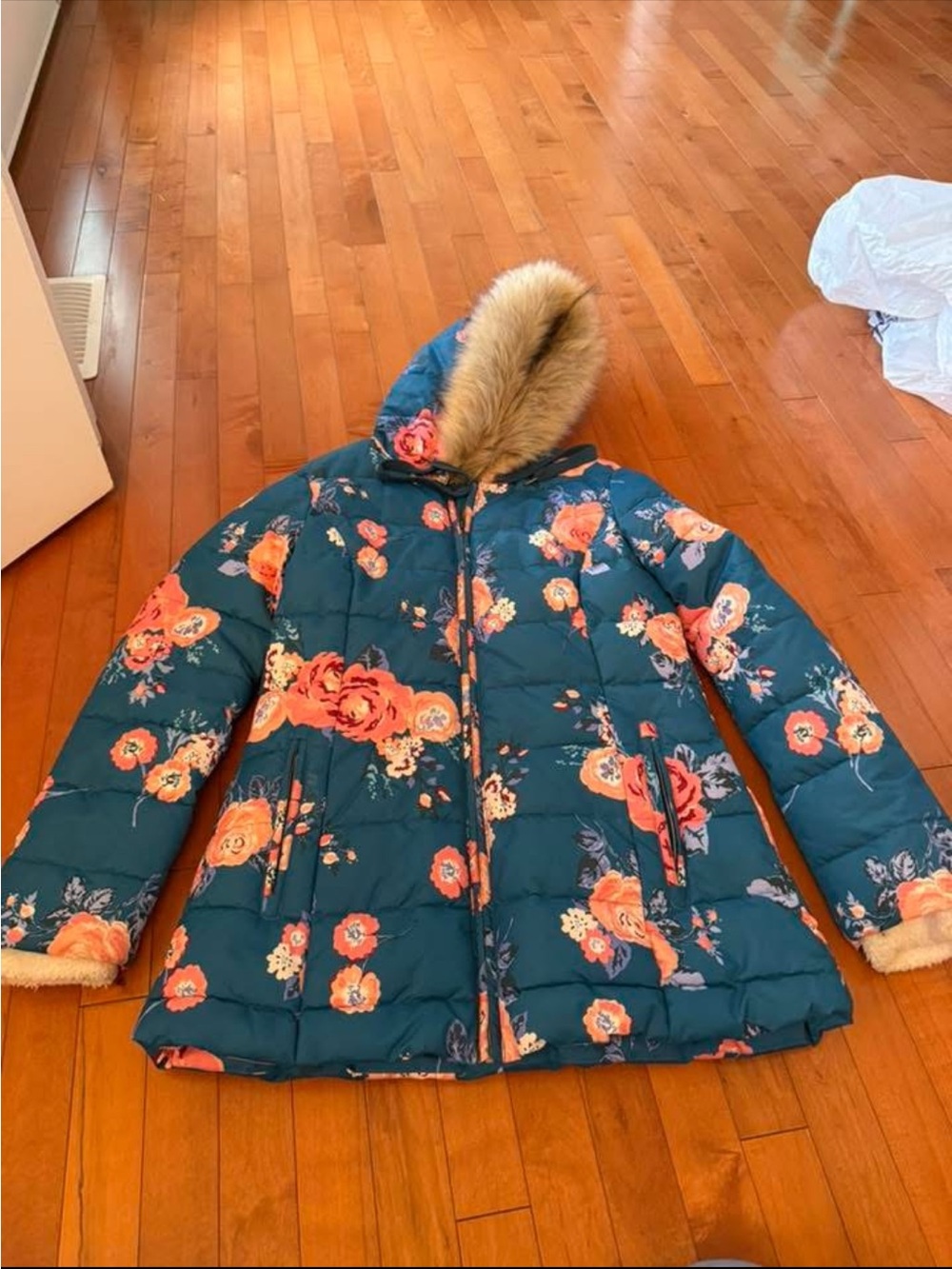 Matilda Jane Teal Floral Quilted Puffer with Faux Fur Hood